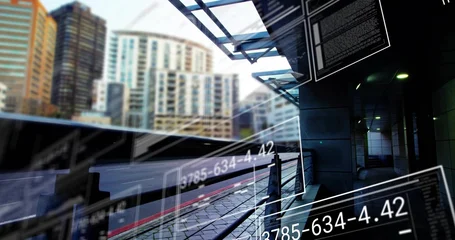 Fotobehang Vlees Showing covered sidewalk with metal railing featuring AR overlays under glass canopy near red curb  © vectorfusionart