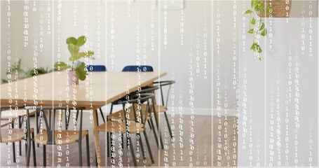 Showing long wooden table filling meeting area with chairs, plants, hanging planter, binary overlay