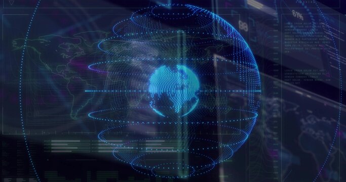 Projecting holographic 3D globe displaying orbital rings in operations console, with data panels