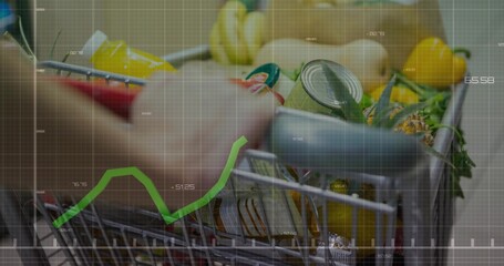 Shopper wearing red sleeve pushing cart holding bananas, canned goods in produce area, grid overlay