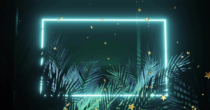 Glowing cyan neon rectangular frame backlighting palm fronds at studio, gold stars floating