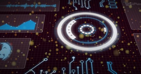 Rotating glowing HUD dial on dark grid, showing data panels, neon traces, golden orbs