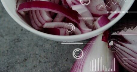 Displaying white ceramic bowl of sliced red onions on gray countertop, halved onion, HUD overlays © vectorfusionart