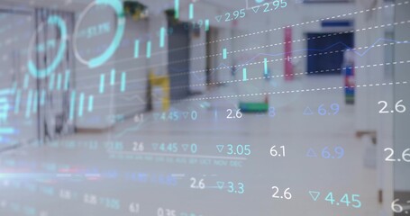 Displaying transparent financial chart overlay over blurred clinic corridor, showing yellow cart