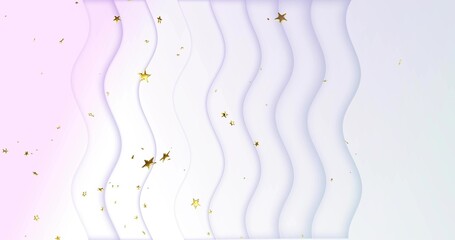 Displaying abstract layered wavy panels in digital graphic composition, with gold star confetti