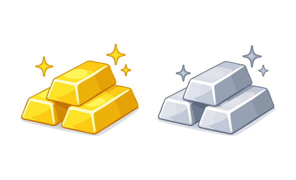 Gold and silver bullion bars illustration set, shiny precious metal ingots isolated on white background
