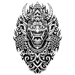 Obraz premium Ornate Black and White Vector Illustration of a Balinese Barong Mask in Traditional Indonesian Tribal Art Style