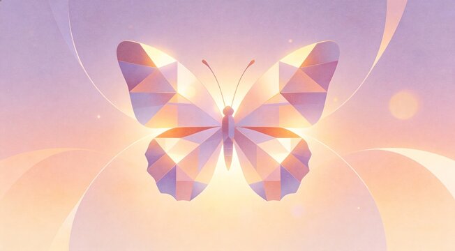 Abstract geometric butterfly composed of soft pastel polygons and curves, symmetrical central compos