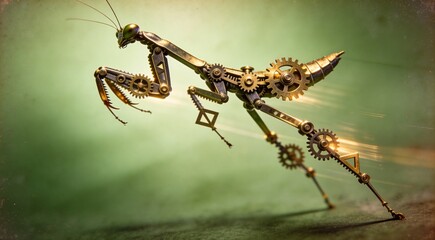 Vintage HD grasshopper legs stylized as interlocking gears and shapes, leaping motion composition on