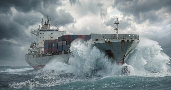 Cargo ship navigating stormy ocean waters under dramatic cloudy sky