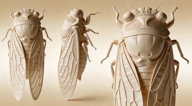 Abstract geometric cicada shell textured with wavy lines, vertical portrait composition on soft beig