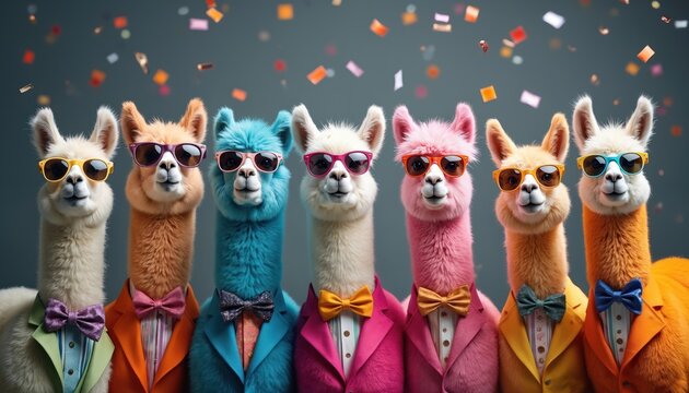 Group of alpacas wear suits bow ties and sunglasses for celebration. They stand together on dark background with confetti. Festive animal party concept.