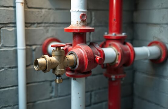 Closeup of red fire standpipe valve and pipes in concrete stairwell. System for emergency water supply. Building fire protection equipment. Safety infrastructure detail.