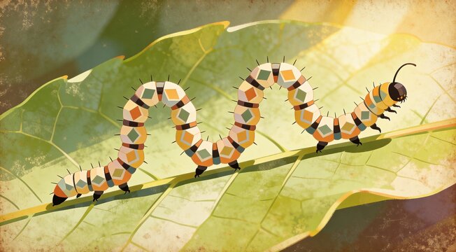 Abstract geometric sawfly larvae in segmented chains, marching line composition on leaf vintage text