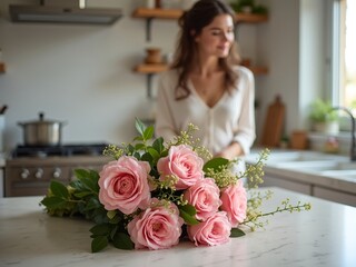 bouquet of flowers with woman in the kitchen background