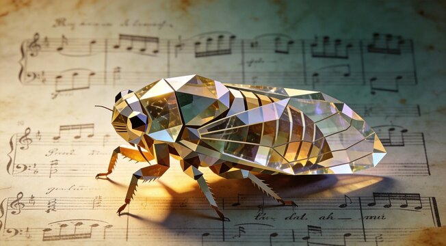 Abstract cicada shell stylized as fractured geometric prisms, vertical portrait composition against