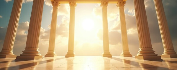 Fototapeta premium Ancient columns stand tall under a bright sunlit sky with clouds. The scene suggests heavenly glory, divine presence, and a spiritual awakening. This image represents hope and faith.