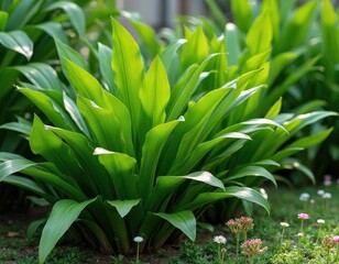 Obraz premium Fragrant pandan plant with bright green leaves grows in a garden. This tropical herb is used for cooking baking tea and drinks. Its aromatic foliage adds flavor.