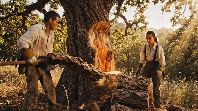 Man and woman harvesting cork from an oak tree using an axe in a sunlit forest