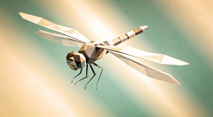 Ethereal low-poly dragonfly with multifaceted triangular wings hovering in dynamic diagonal composit