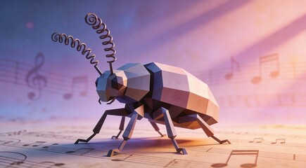 Surreal abstract beetle with angular cubic body and spiral antennae, wide-angle composition with neg