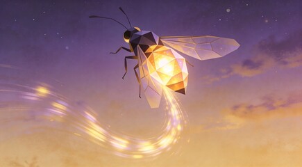 Mystical geometric firefly with glowing polyhedral abdomen trails, vertical portrait composition wit