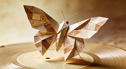 Origami-folded moth in mid-unfold, dynamic unfolding composition with depth, soft shadow play lighti
