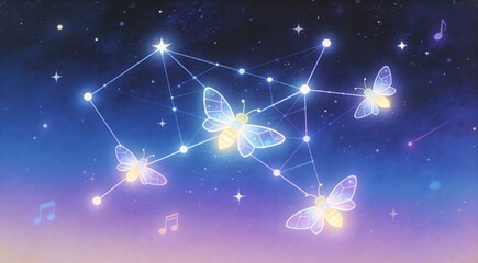 Glowing geometric firefly constellation pattern, starry night sky composition with foreground focus,