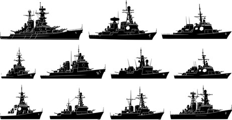 Military warship silhouette collection featuring destroyers and battleships, naval fleet combat vessels, maritime defense forces vector illustration set isolated on white background © Goutom