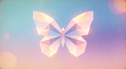 Abstract geometric butterfly formed from soft interlocking polygons in pastel blues and pinks, cente