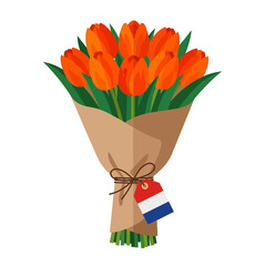 Bunch of orange tulips in brown paper with Dutch flag tag, ideal for Dutch national day