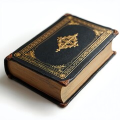 Old leather-bound book with gold designs and worn edges sits on a white surface. This classic object has intricate details, suitable for stories of history or learning.