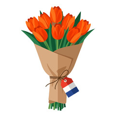Orange tulip bouquet tied with brown paper and Dutch flag tag, symbolizing Netherlands