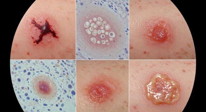 Skin Lesions - Microscopic Views of Dermatological Conditions.