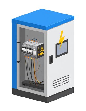 Isometric view of an electrical panel with various components and wiring