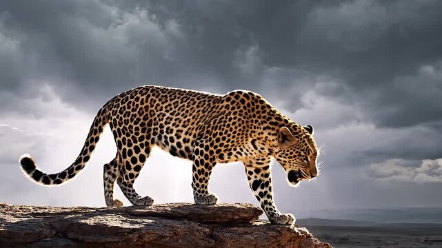 Leopard standing on rocky outcrop facing stormy sky with clouds