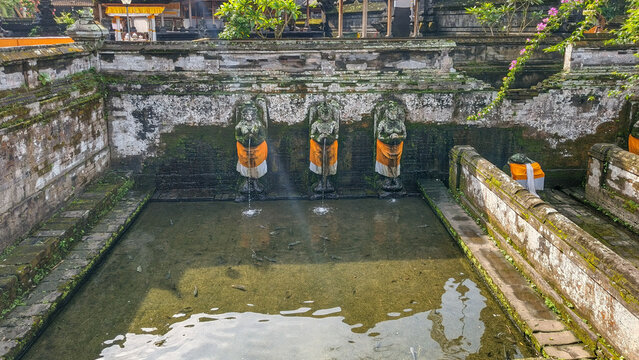 Pura Gunung Kawi Sebatu's sacred bathing pool in Bali, featuring ornate stone statues pouring holy spring water into a tranquil, clear pond surrounded by lush tropical greenery.