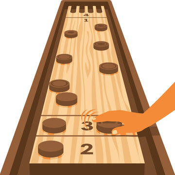 Shuffleboard game player's hand pushing puck on wooden table court