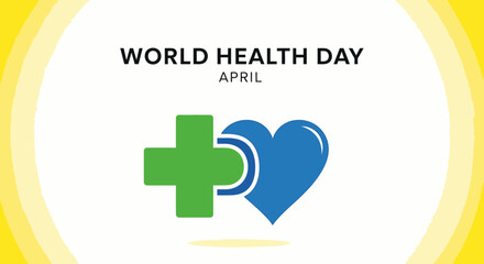 Obraz premium “World Health Day vector illustration with green medical cross and blue heart icon, clean modern flat design, minimal style, white background with soft yellow abstract curves, healthcare and wellness 
