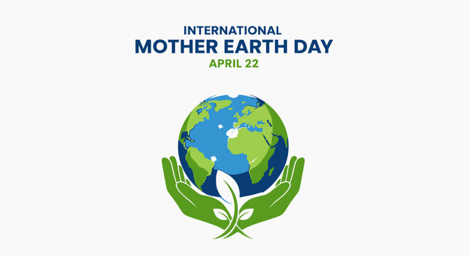 Flat vector illustration of planet Earth held by green human hands with small leaves growing, celebrating International Mother Earth Day on April 22, eco friendly concept, 