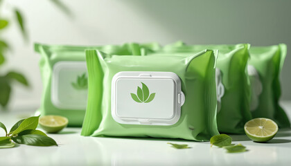 Naklejka premium Pack of biodegradable wet wipes. Green eco packaging with leaf logo. Clean fresh hygiene product. Lime and leaves present. Useful for personal care.