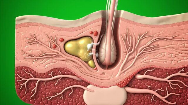 Detailed 3D CGI Medical Animation of Human Skin Cross Section Isolated on Green Screen Background Illustrating Acne