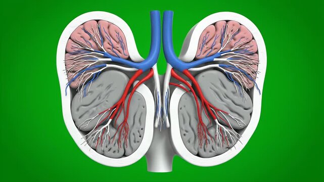 Detailed 3D CGI Medical Animation of Kidney Anatomy Isolated on Green Screen Background Illustrating Internal