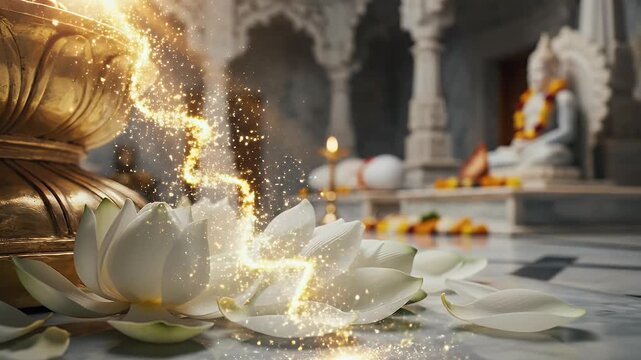 Mahavir Jayanti White Lotus Petals Golden Sunlight Beam in Meditation Hall