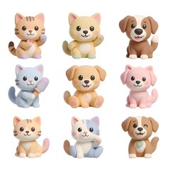 Fototapeta premium Set of cute 3D claymorphism style pet icons featuring various cats and dogs isolated on white background