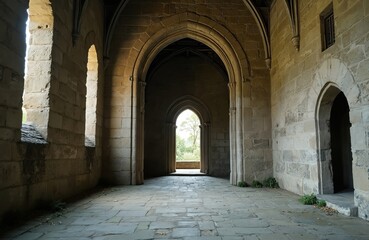 Obraz premium Stone arches and corridors inside old church. Sunlight streams through doorway showing green trees outside. Ancient religious building interior.