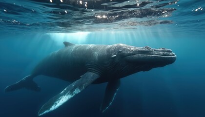 Fototapeta premium Large humpback whale swims deep blue ocean water. Sunlight rays pierce surface, illuminating massive marine mammal. Whale glides gracefully underwater, skin textured with barnacles, majestic creature.