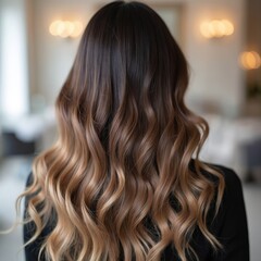 Fototapeta premium Woman shows long brown hair with balayage highlights and soft waves. Healthy glossy strands styled in elegant fashion for salon clients. Trendy hair coloring technique.