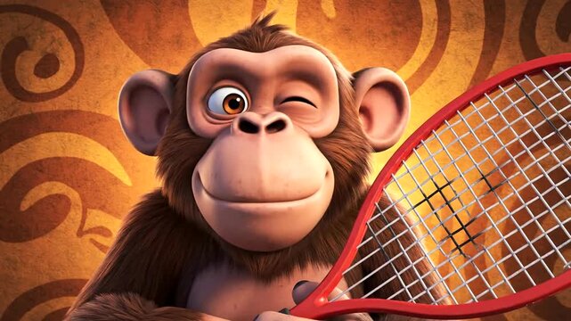 Cartoon Monkey Holding Tennis Racket Smiling.