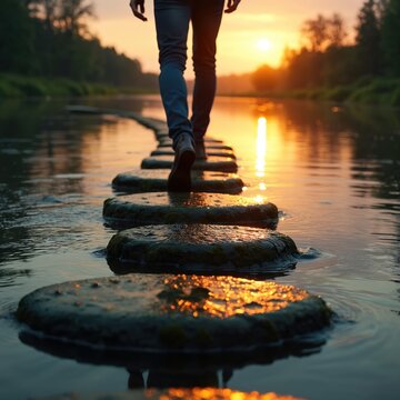 Person walks on river stones at sunset. Sunlight reflects on water surface. Trees line river banks. Man crosses stream path outdoors at dusk.